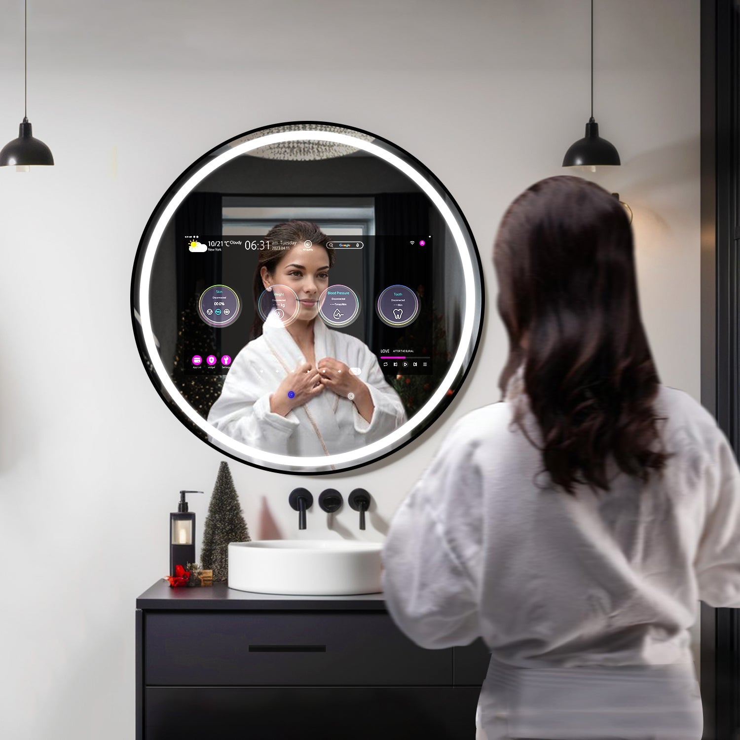La Perle Tech Round Mirror 600mm installed on wall showing mirror reflection