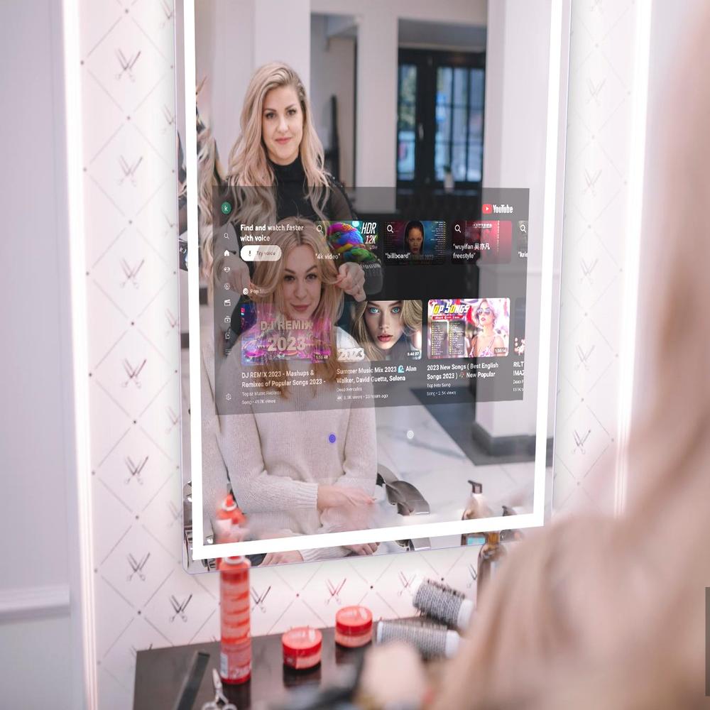 Smart Mirror Rectangle in commercial barbershop setting showing professional LED lighting