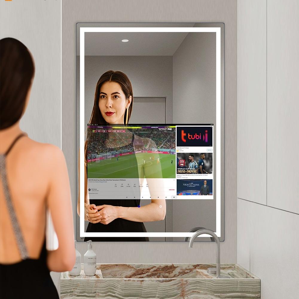 La Perle Tech Smart Mirror installed in salon or barbershop showing professional CCT lighting