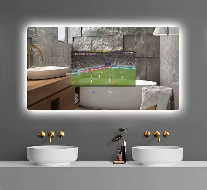 Smart Mirror Square installed in modern bathroom with ambient LED glow