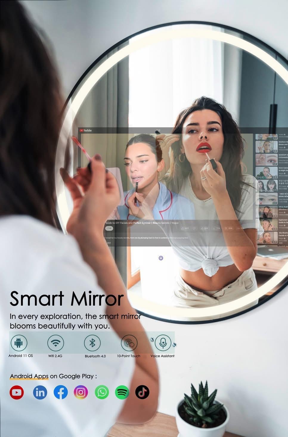 Smart Mirror Round 700mm side view showing wall bracket and slim build depth